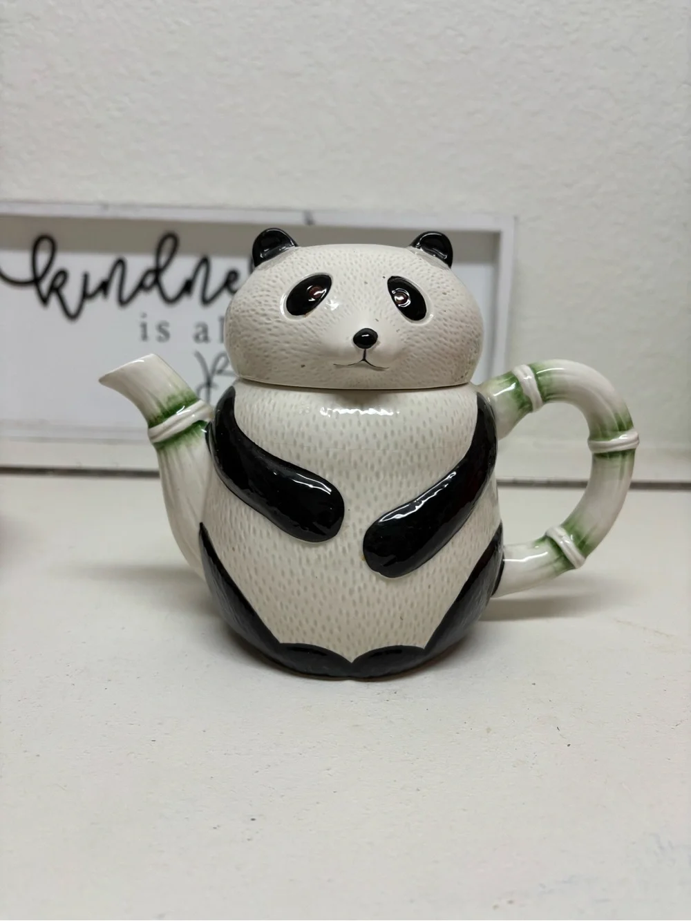 Panda Ceramic Teapot with Bamboo Handle - White & Black